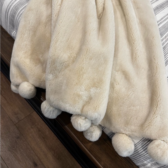 Cream Plush Blanket with Pom Pom Trim